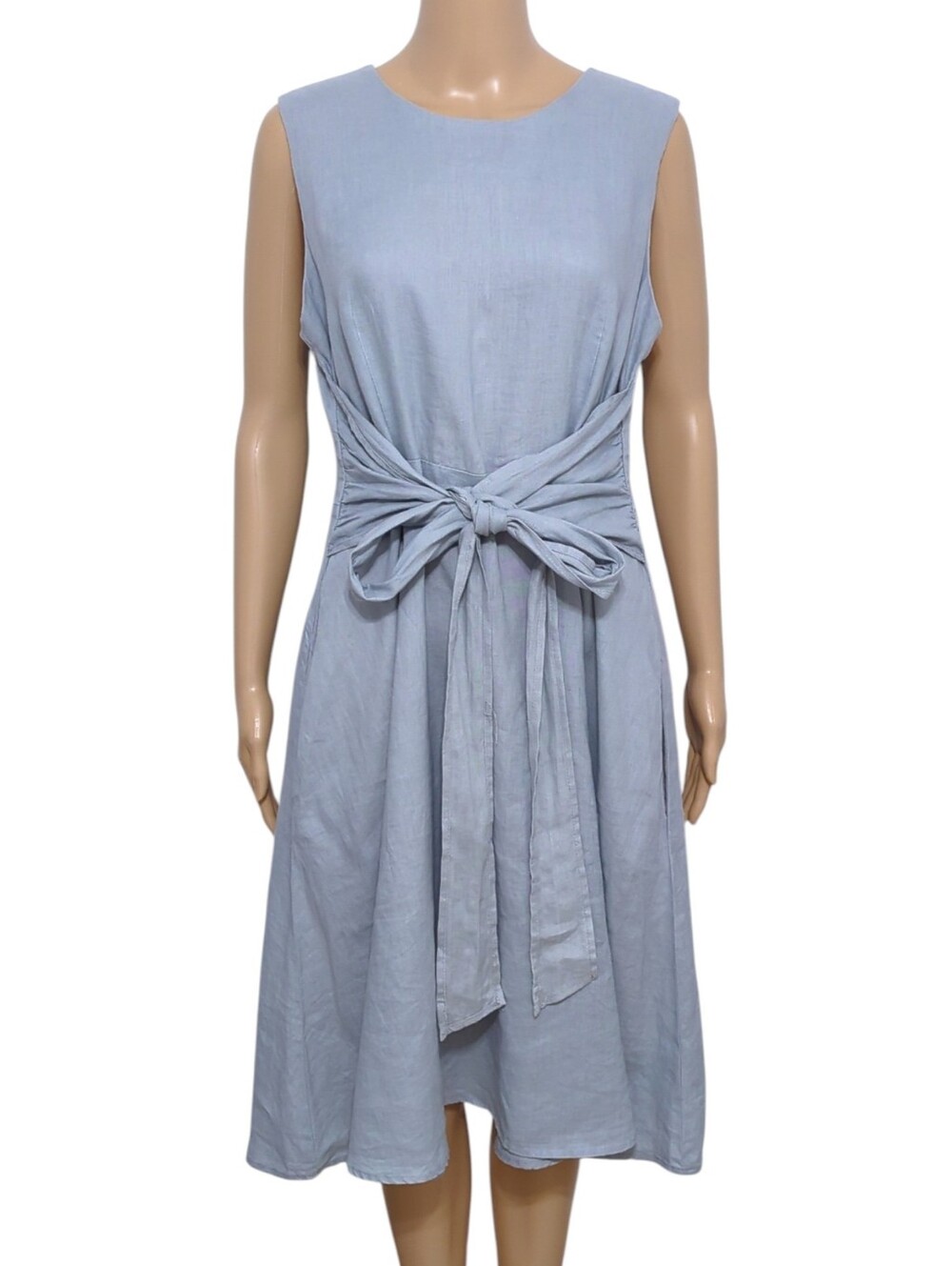 Malvin Germany Linen Ramie Tie Front Midi Dresss Grey Blue Coastal Minimalist XL - Picture 2 of 8